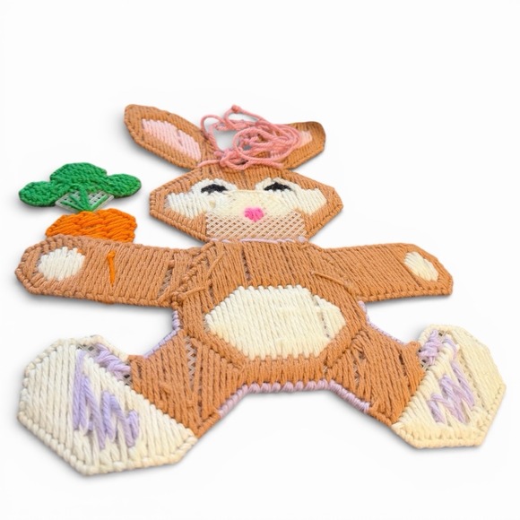 Vtg Finished Plastic Canvas Wall Hanging Easter Bunny Rabbit with Carrot 12"x9" - Picture 6 of 7